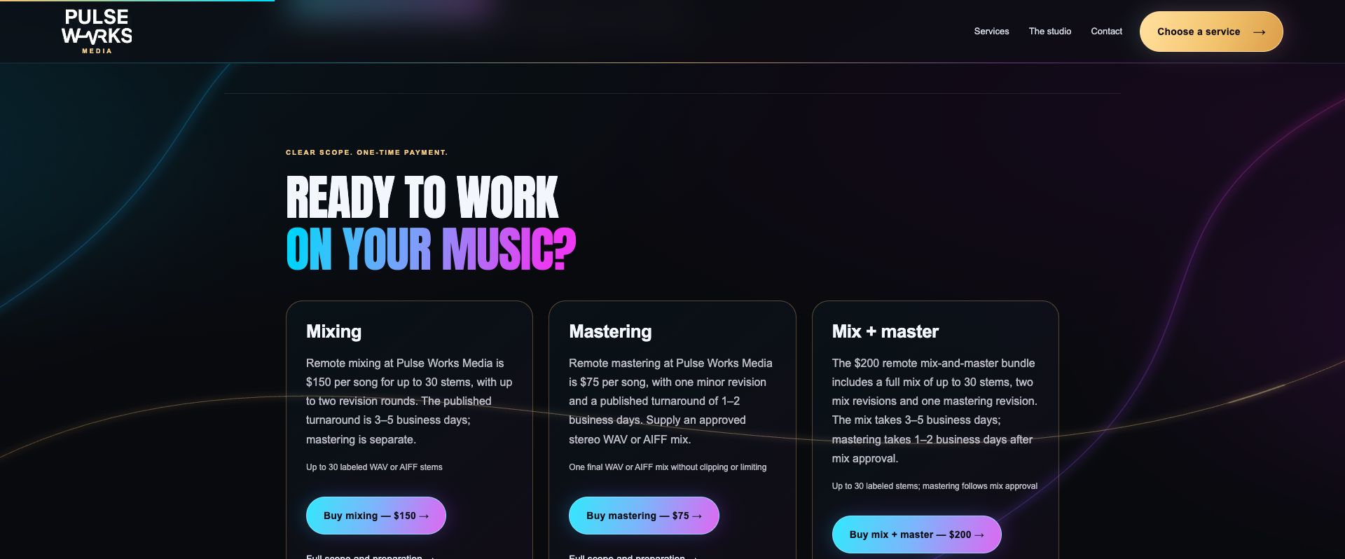 Pulse Works Media’s remote-service page showing distinct mixing, mastering and bundle purchase cards