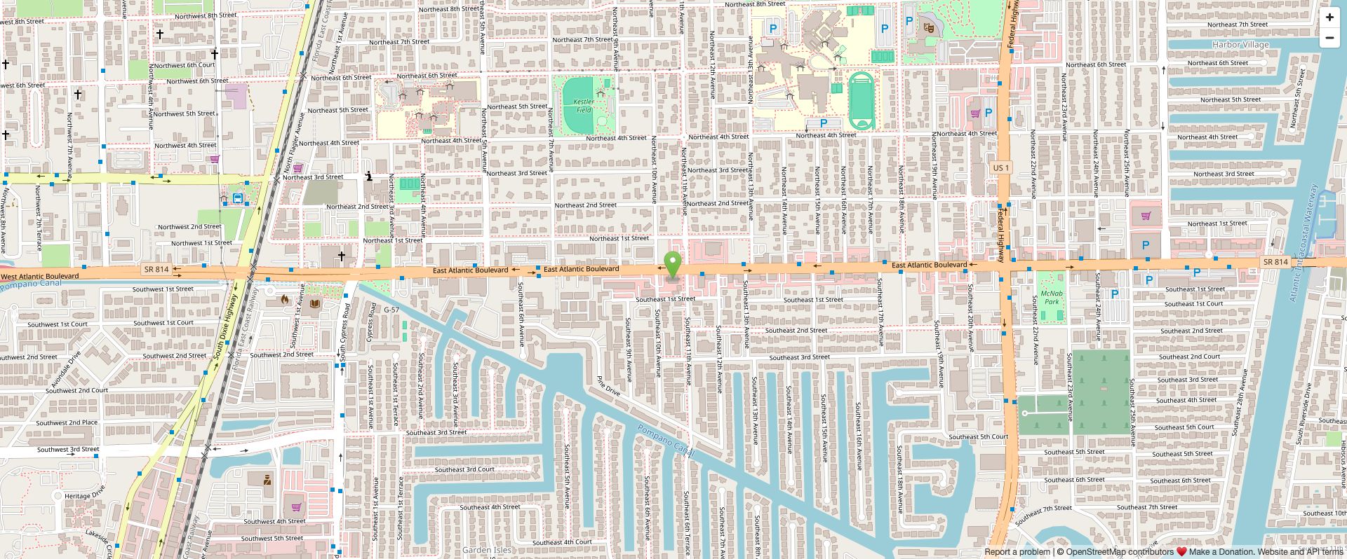 Street map showing the Pulse Works Media studio marker on East Atlantic Boulevard in Pompano Beach